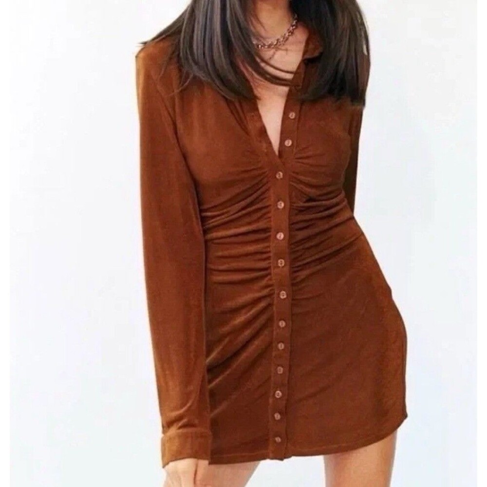 WITH JEAN KNIT ANDY MINI DRESS BUTTON FRONT LONG SLEEVE RUSCHING DETAIL BROWN XS